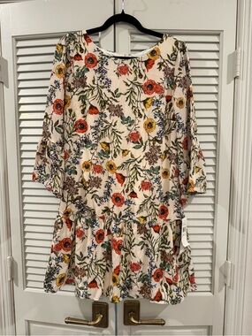 Studio Floral Scoop-Neck Dress in Cream, Red, Yellow & Green